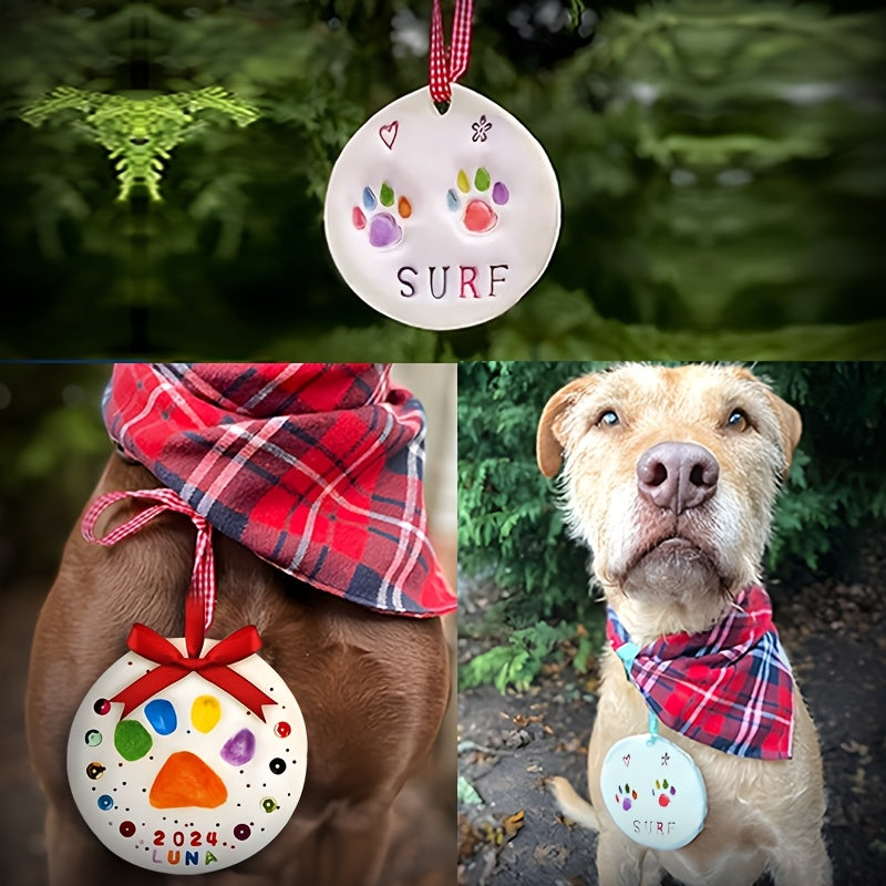 Decorative ornament with 'SURF' and paw prints, worn by a dog with a plaid bandana.