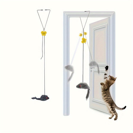 Cat playing with a door-mounted toy set on a white background