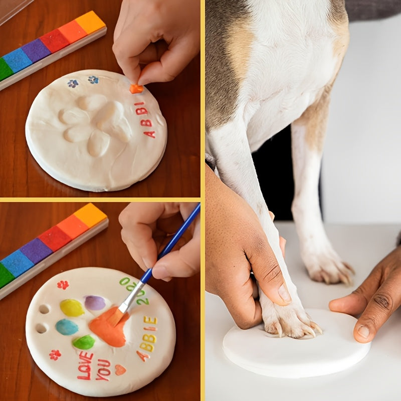 Collage of a person making a personalized pet ornament with a dog's paw print.