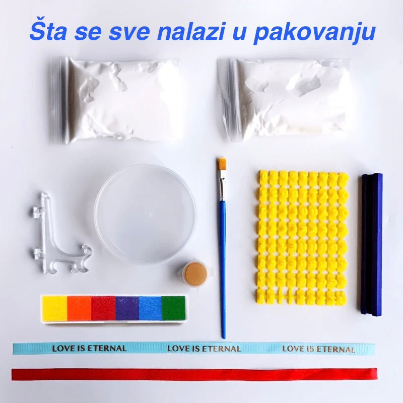Art supplies including paint, brushes, and a color chart on a white background with text.