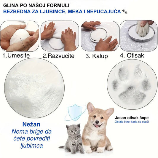 Instructions for using a pet paw print clay product with images of hands and pets.