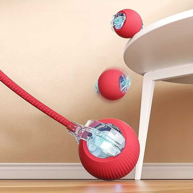 Red exercise ball with blue weight plates on a beige wall and wooden floor.