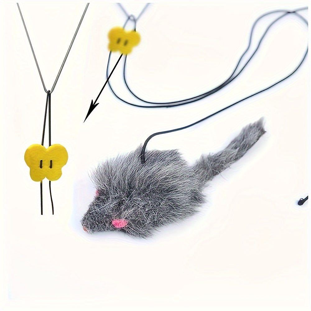 Cat toy resembling a gray mouse with a yellow butterfly attachment on a white background