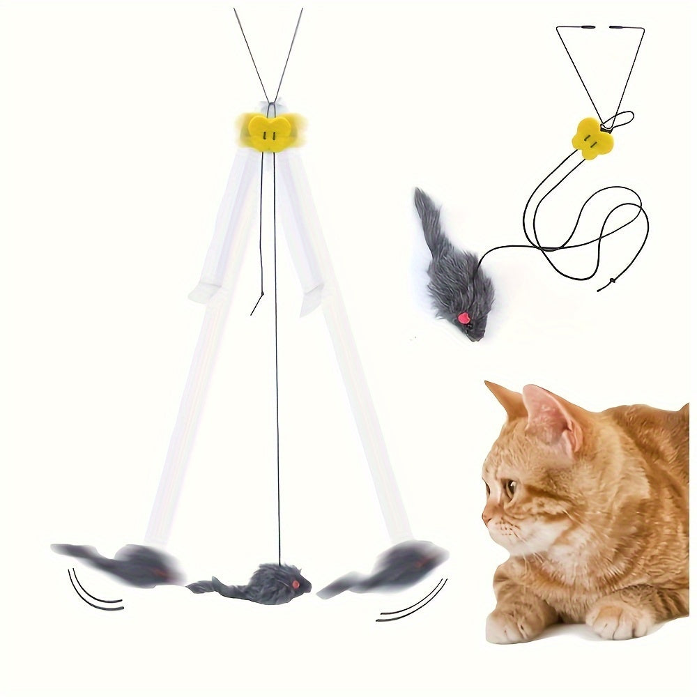 Cat toy with hanging mice and a cat looking at it on a white background
