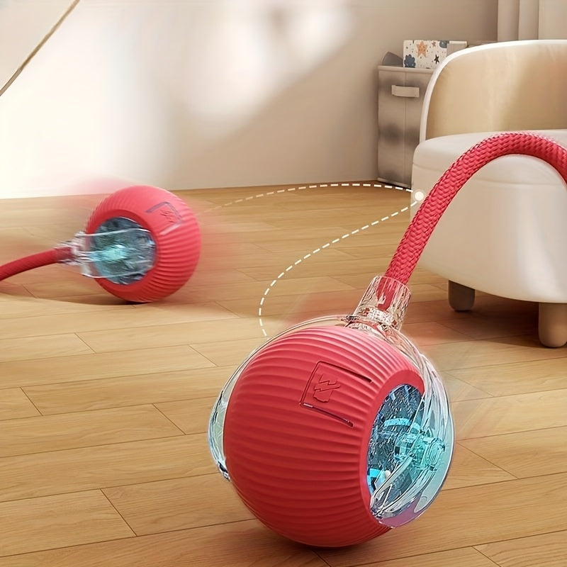 Red and clear ball with a rope on a wooden floor