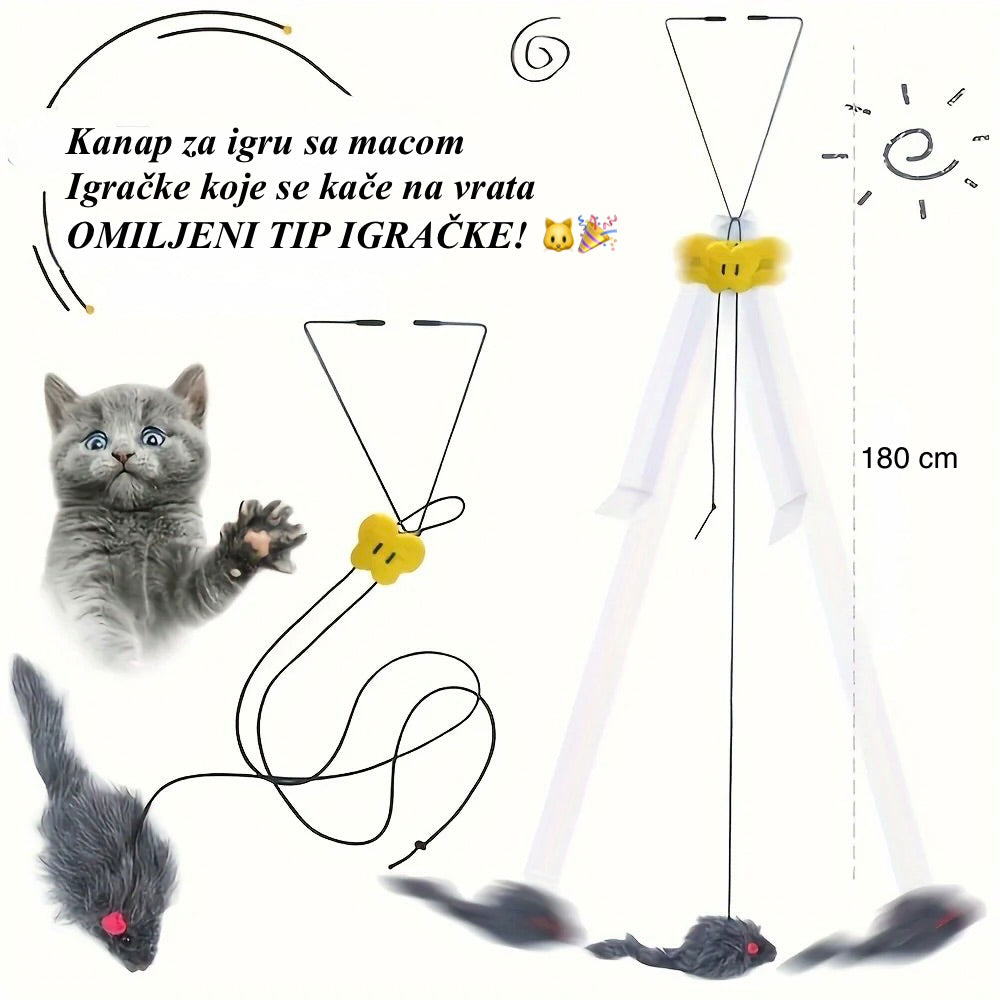 Cat toy with a string and hanging mice, featuring text in a foreign language.