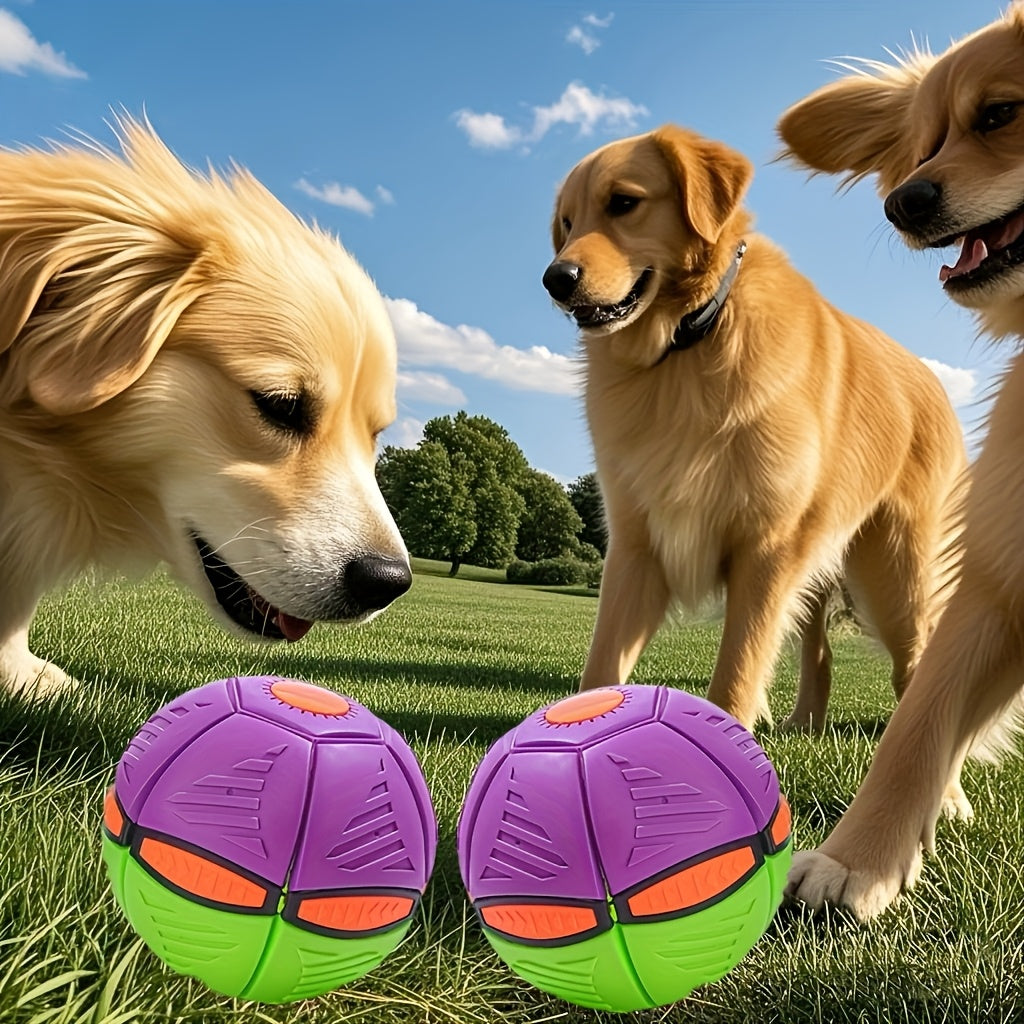 Three dogs playing with two purple and green dog toys on grass with a blue sky.