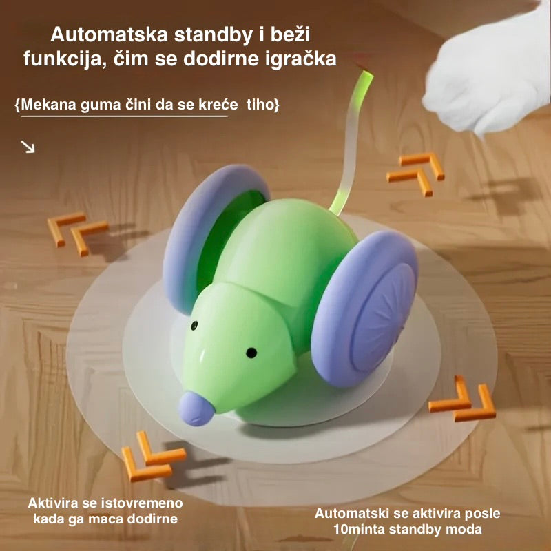 Toy mouse with wheels on a wooden surface, showing its automatic standby and running function.