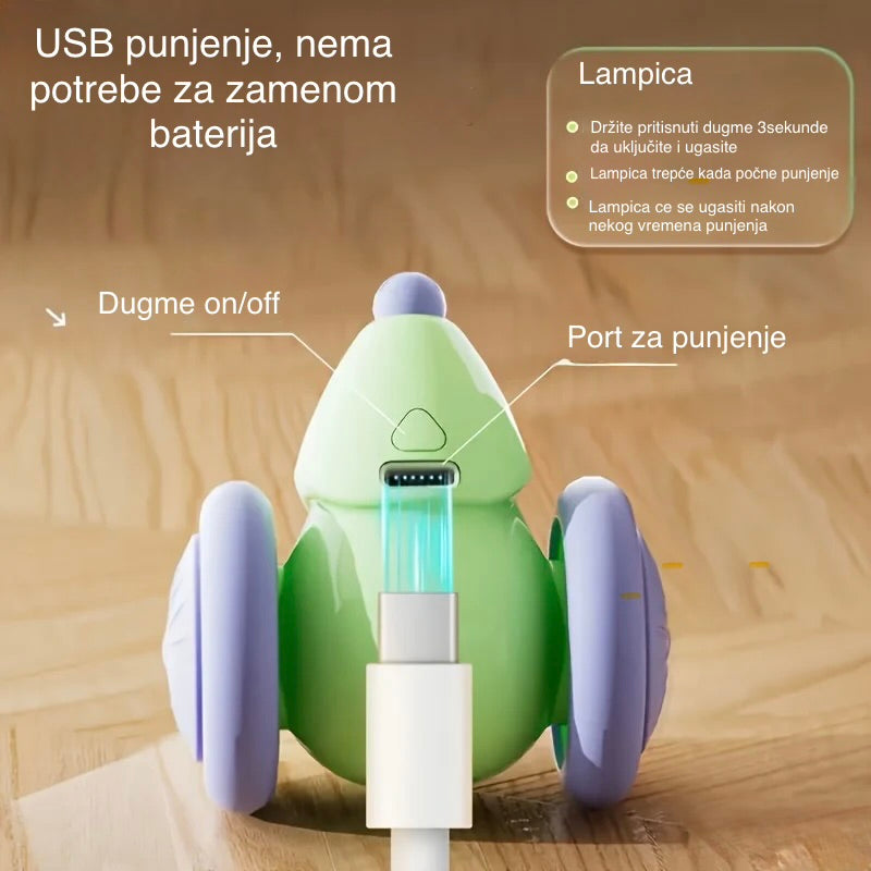 Green and purple device with USB charging port on a wooden surface