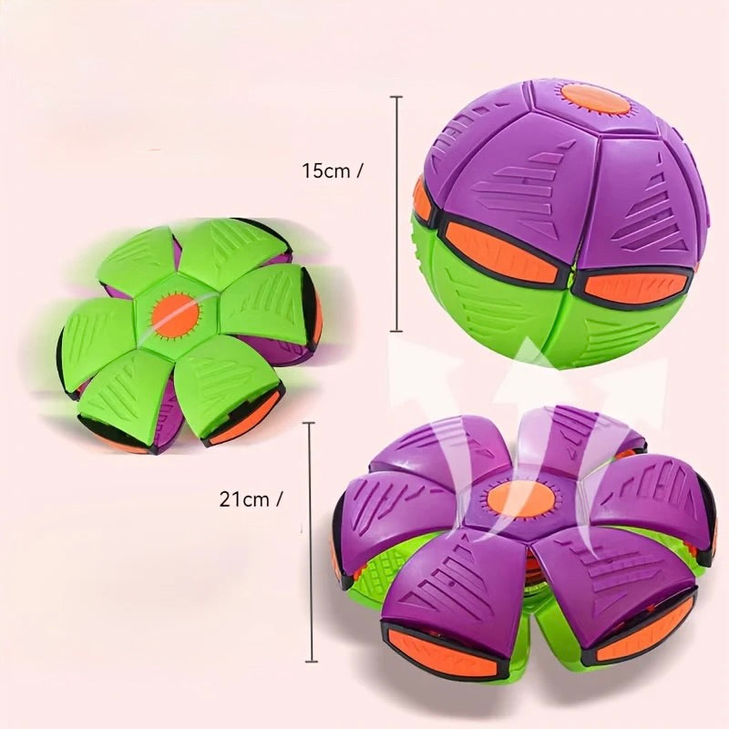 Colorful puzzle ball with dimensions on a light pink background