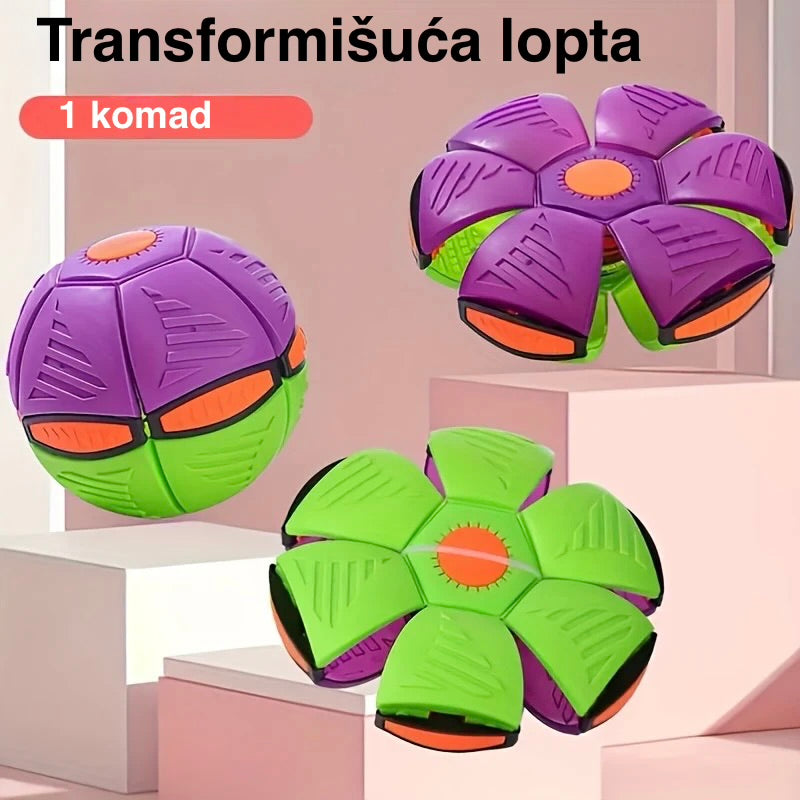 Transformable ball with purple and green colors on a light pink background